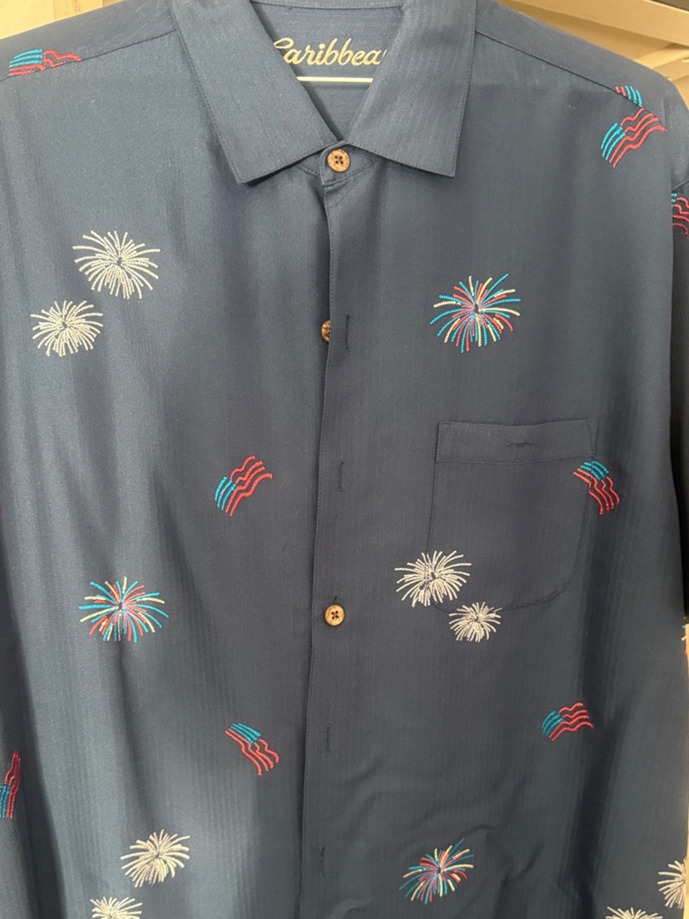 Caribbean Navy Button-Down Shirt with Multicolor Firework Embroidery